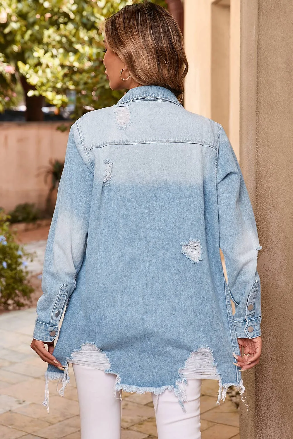 Claire Light Wash Distressed Frayed Long Denim Jacket