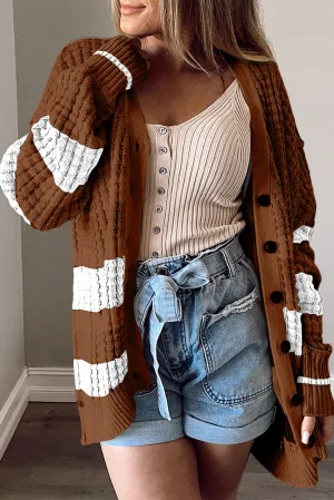 Coffee Colorblock Textured Knit Buttoned Cardigan