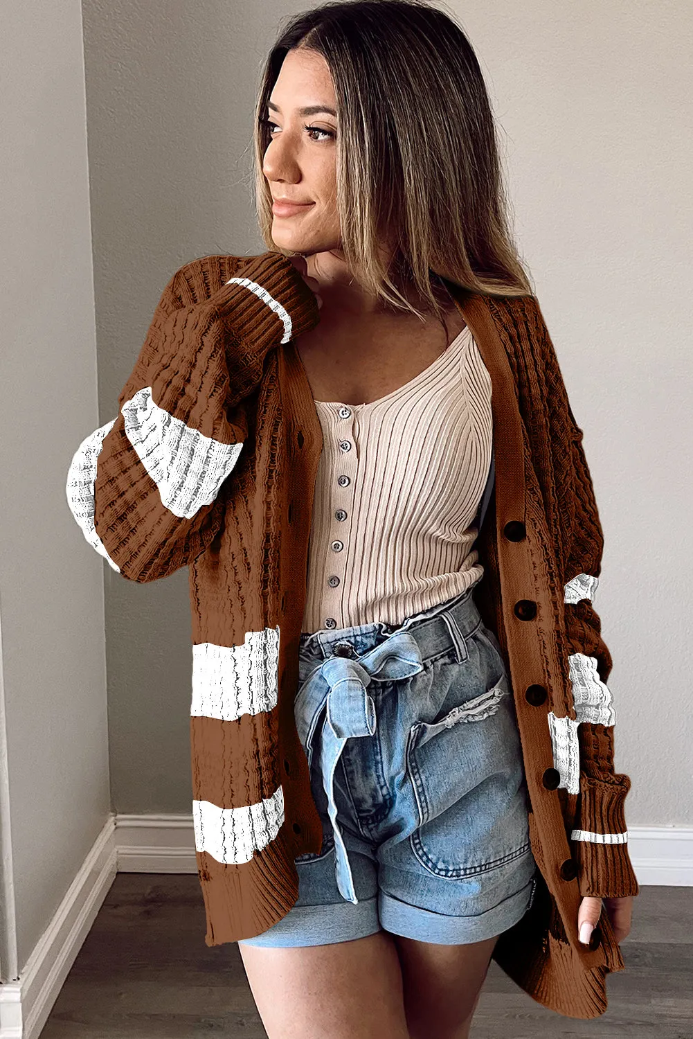 Coffee Colorblock Textured Knit Buttoned Cardigan