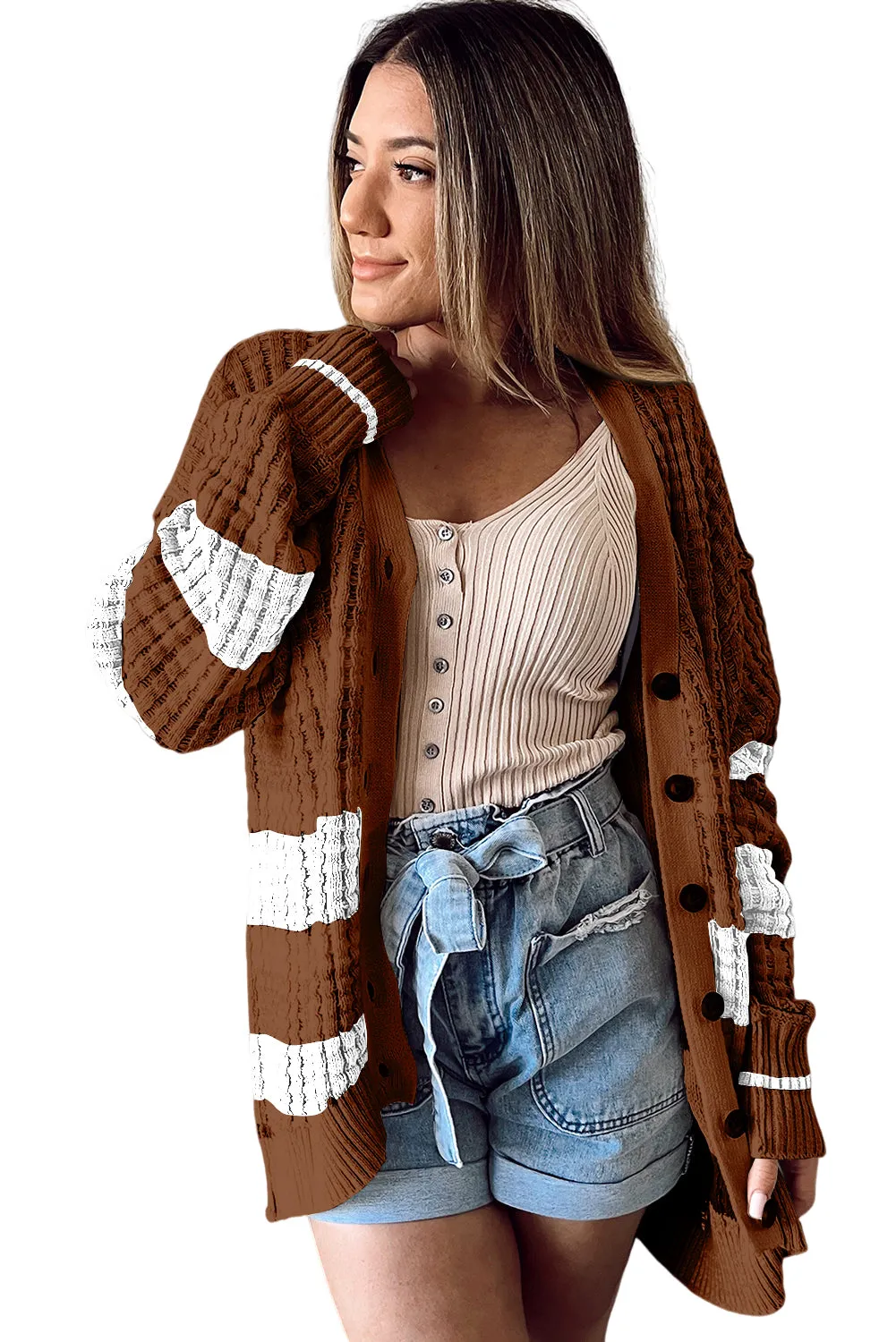 Coffee Colorblock Textured Knit Buttoned Cardigan