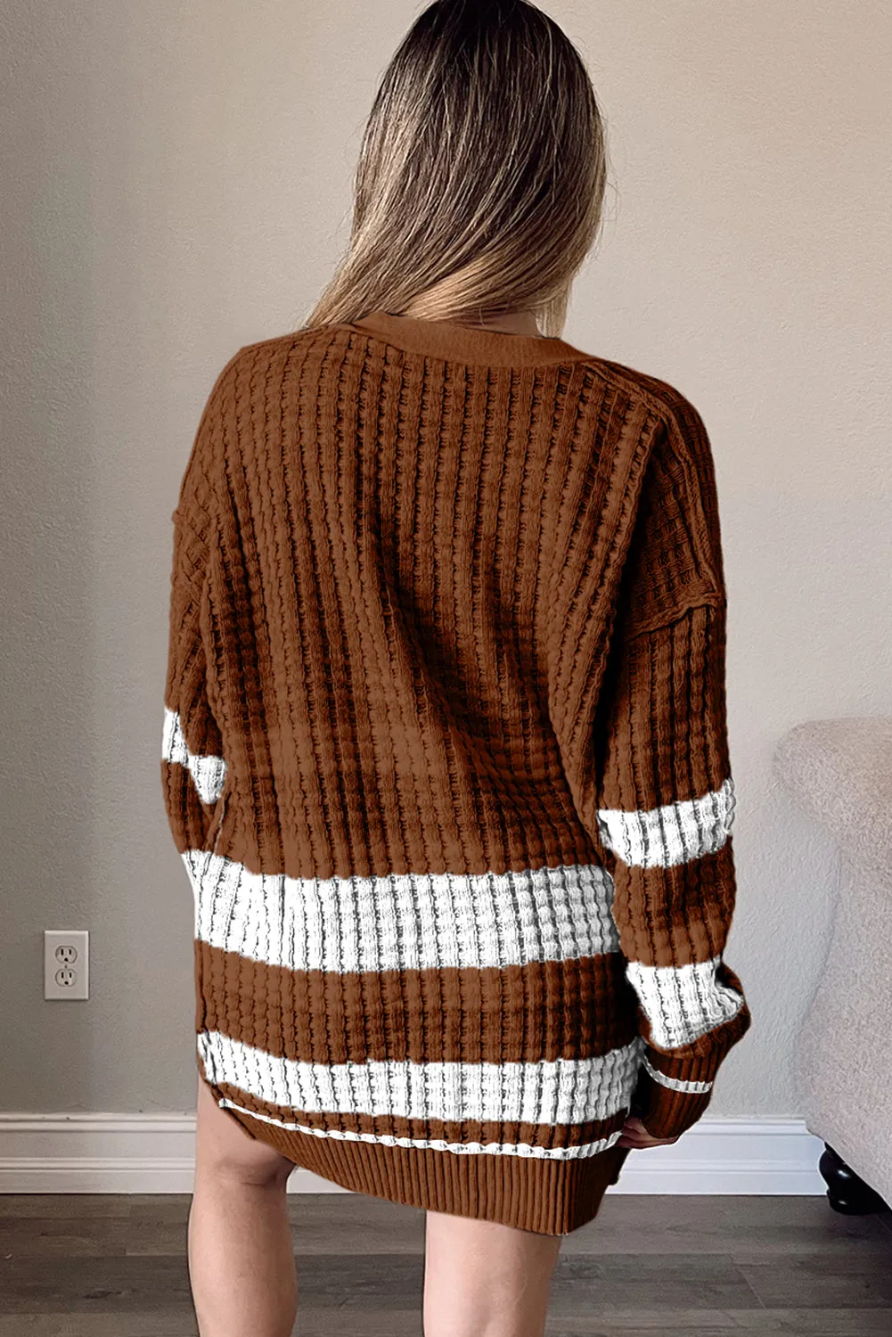 Coffee Colorblock Textured Knit Buttoned Cardigan