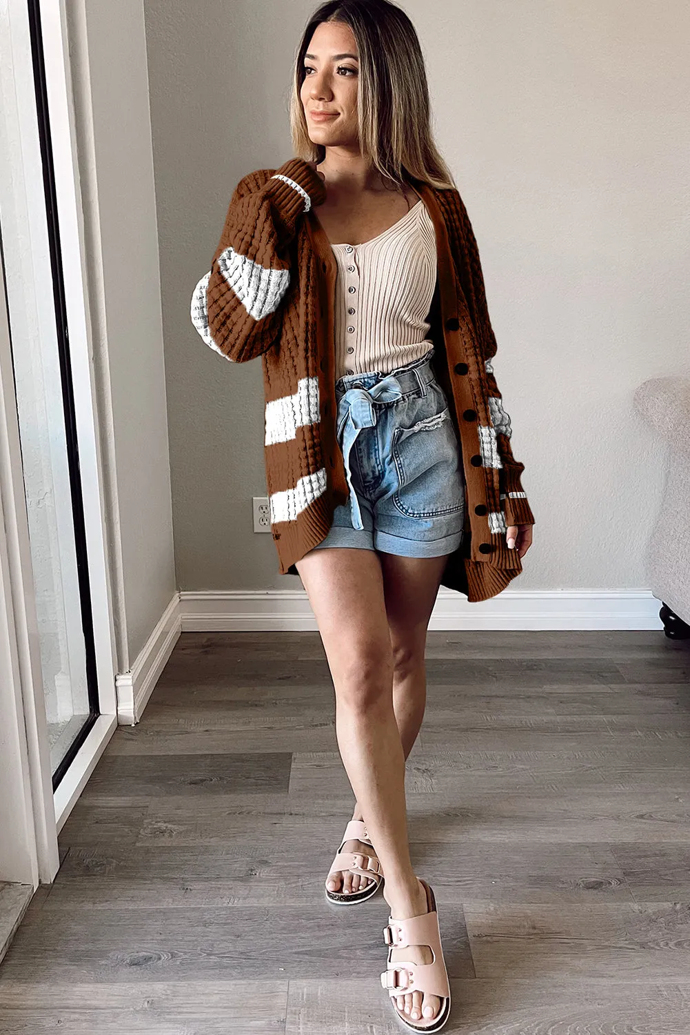 Coffee Colorblock Textured Knit Buttoned Cardigan