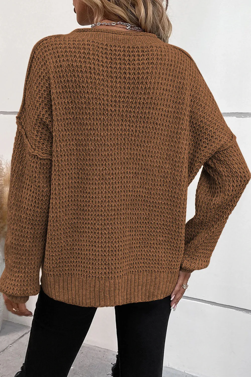 Coffee Pointelle Knit Button V Neck Drop Shoulder Sweater