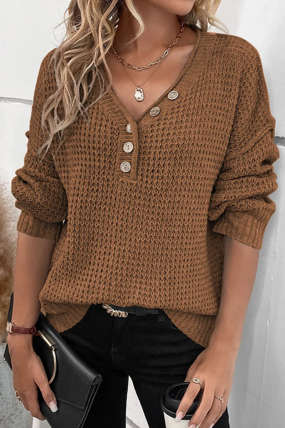 Coffee Pointelle Knit Button V Neck Drop Shoulder Sweater