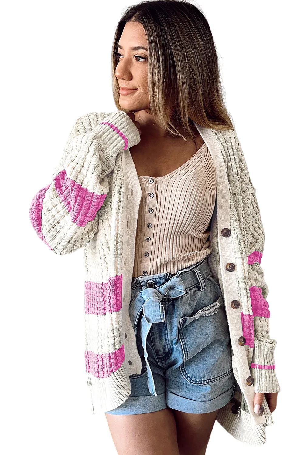 Dark Pink Colorblock Textured Knit Buttoned Cardigan