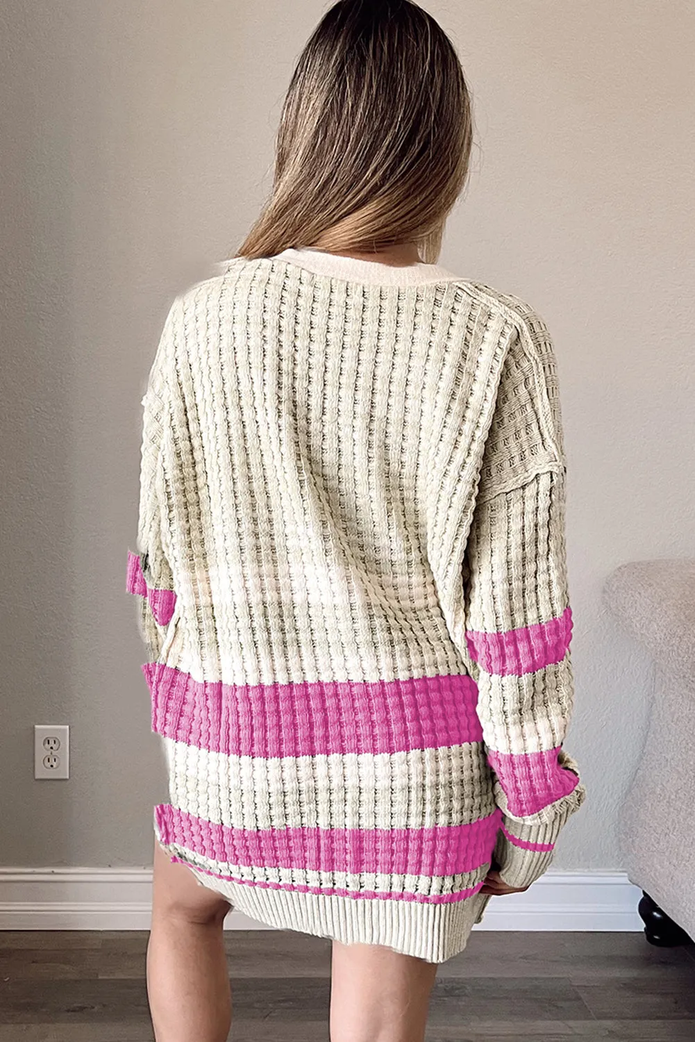 Dark Pink Colorblock Textured Knit Buttoned Cardigan