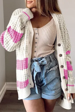 Dark Pink Colorblock Textured Knit Buttoned Cardigan