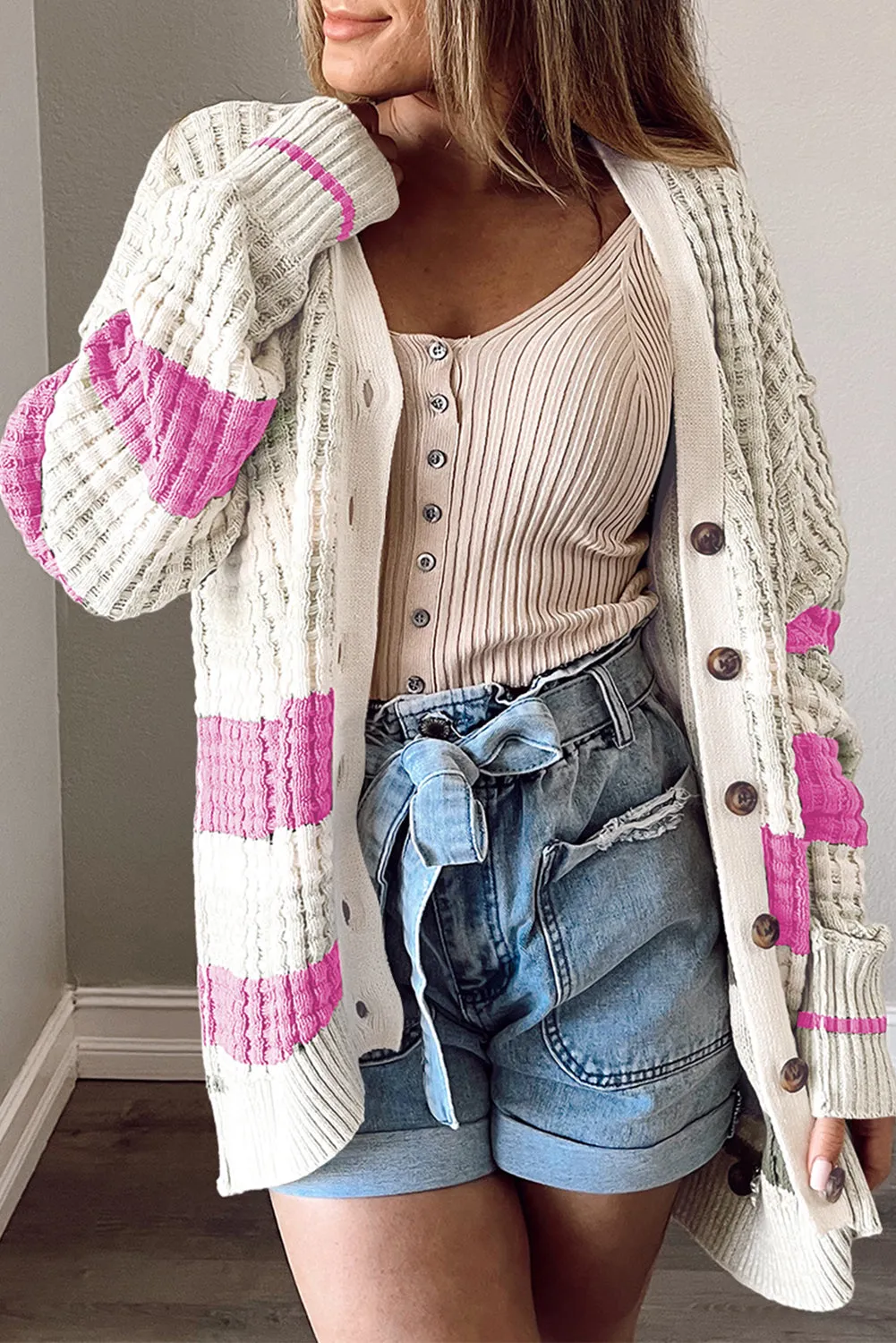 Dark Pink Colorblock Textured Knit Buttoned Cardigan