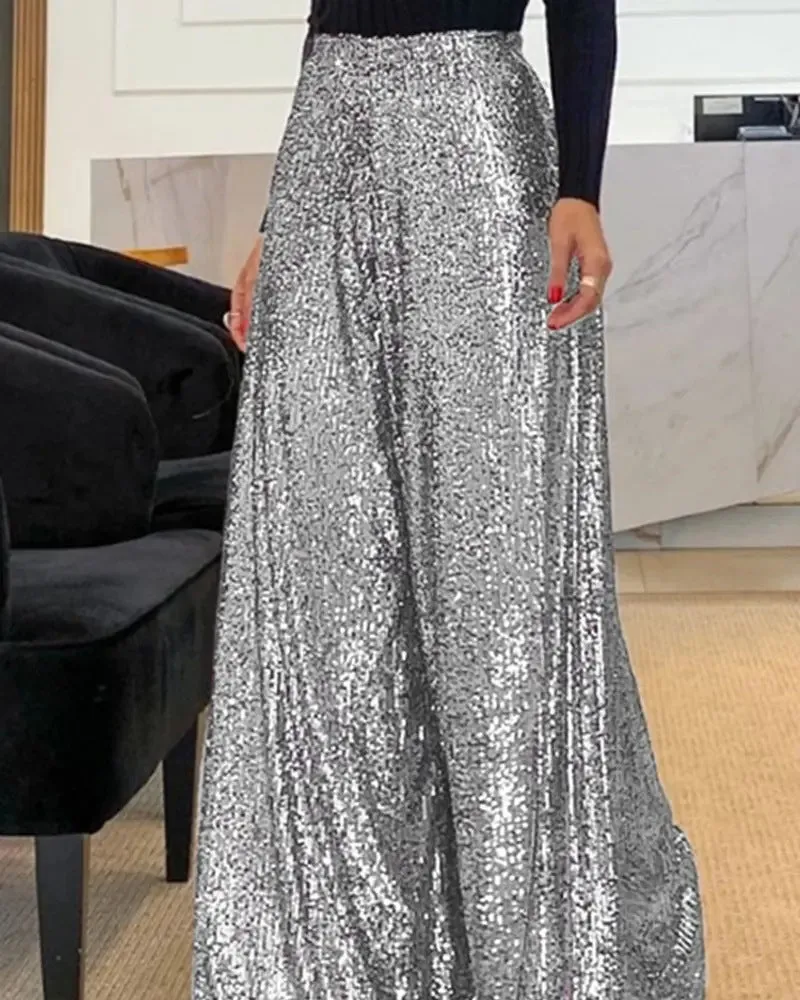 Dazzling High-Waist Wide-Leg Sequin Pants for Glamorous Evenings