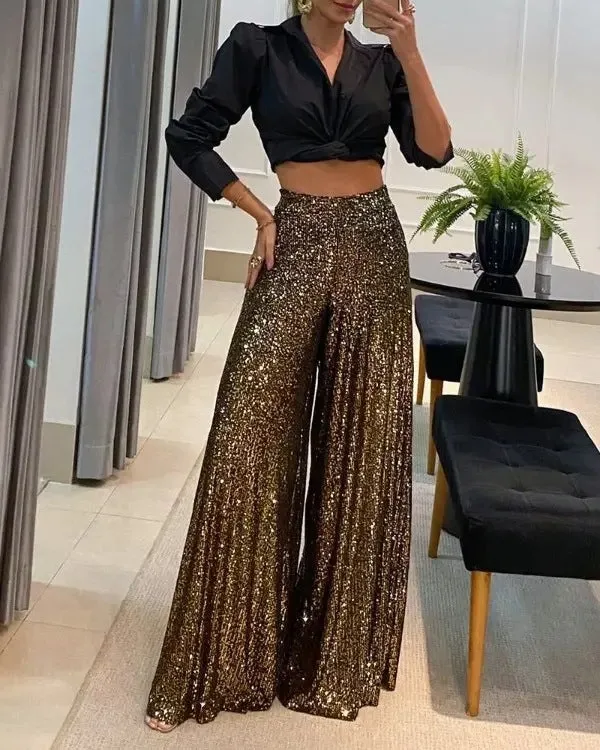 Dazzling High-Waist Wide-Leg Sequin Pants for Glamorous Evenings