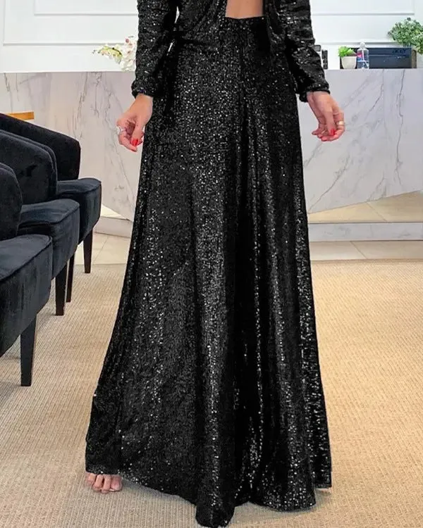 Dazzling High-Waist Wide-Leg Sequin Pants for Glamorous Evenings