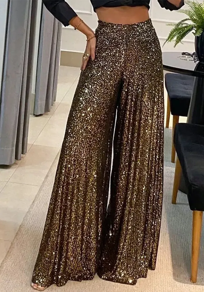 Dazzling High-Waist Wide-Leg Sequin Pants for Glamorous Evenings