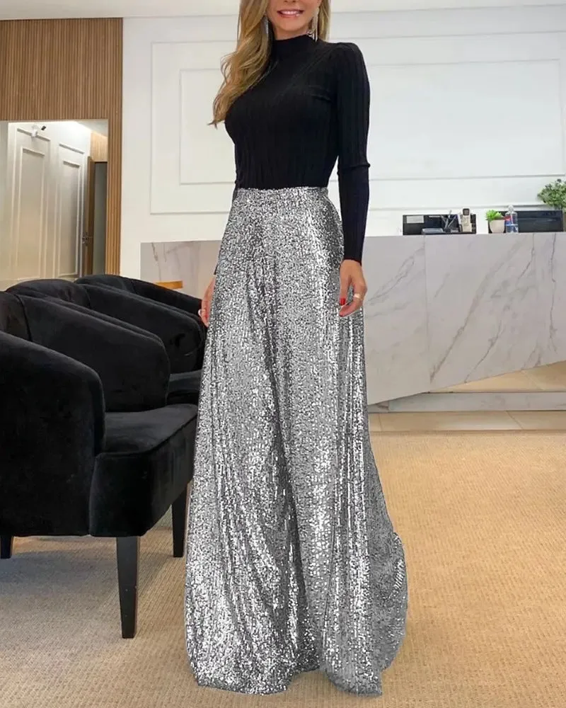 Dazzling High-Waist Wide-Leg Sequin Pants for Glamorous Evenings