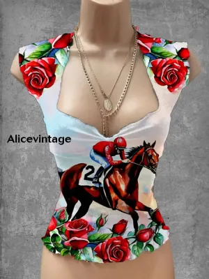 Derby Floral Art Print V-Neck Casual Top
