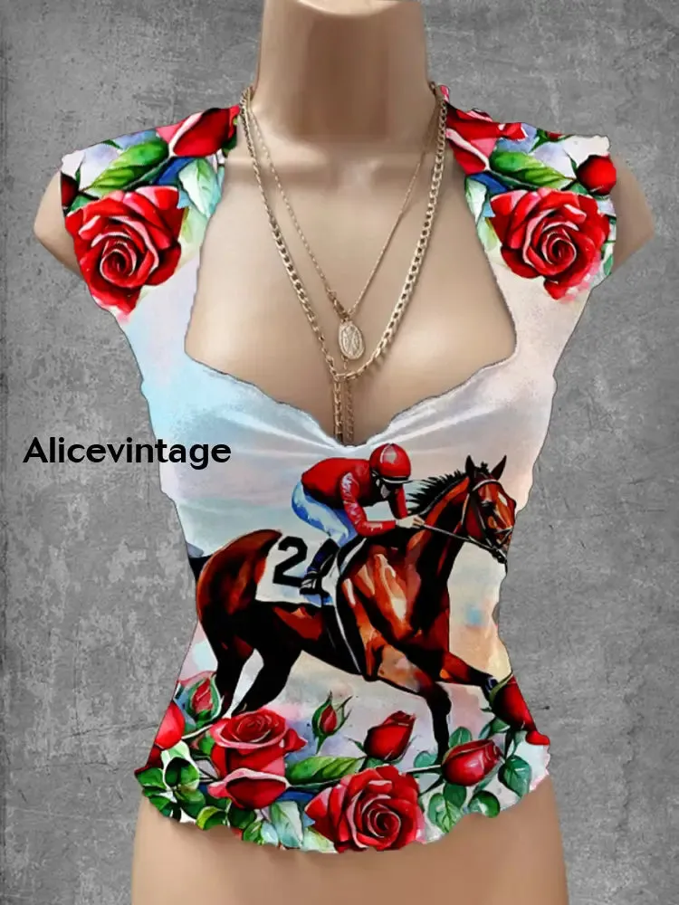 Derby Floral Art Print V-Neck Casual Top