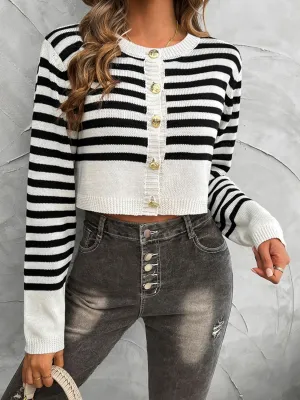 Diana Striped Round Neck Button Down Cardigan- Deal of the Day!