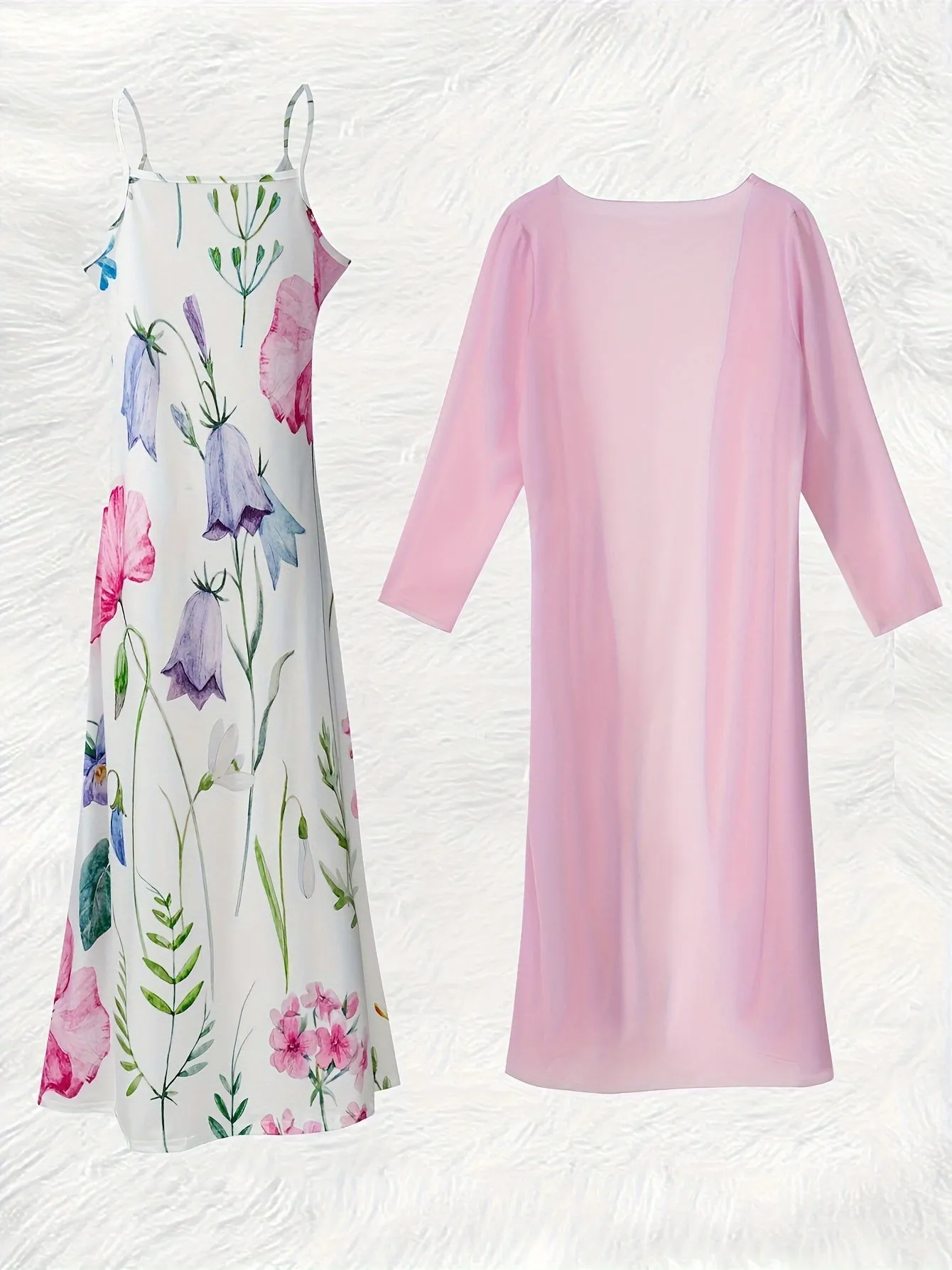 Elegant Floral Print V-Neck Dress Set with Light Pink Kimono Sleeve Cover-Up – Perfect for Spring/Autumn Vacations