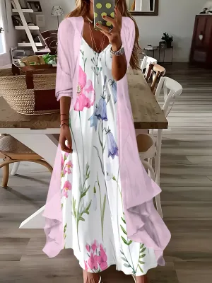 Elegant Floral Print V-Neck Dress Set with Light Pink Kimono Sleeve Cover-Up – Perfect for Spring/Autumn Vacations