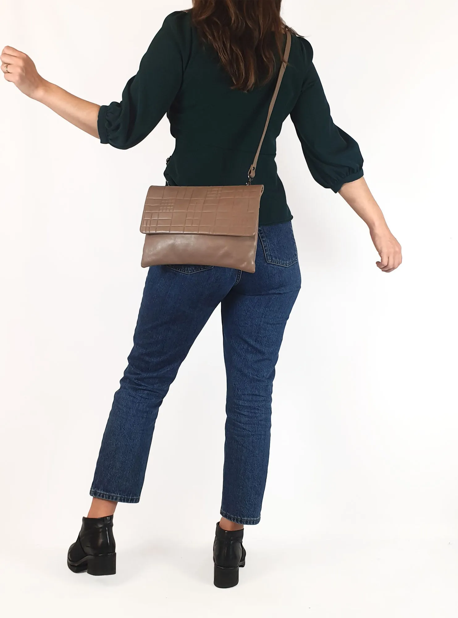 Elk brown leather textured cross body bag/clutch