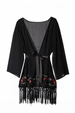 Embroidered Tassel Kimono - Black -