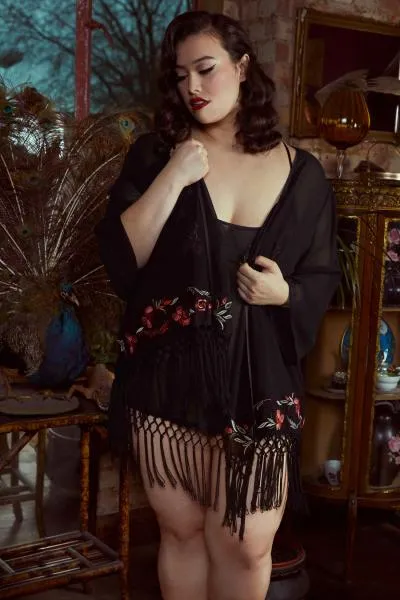 Embroidered Tassel Kimono - Black -