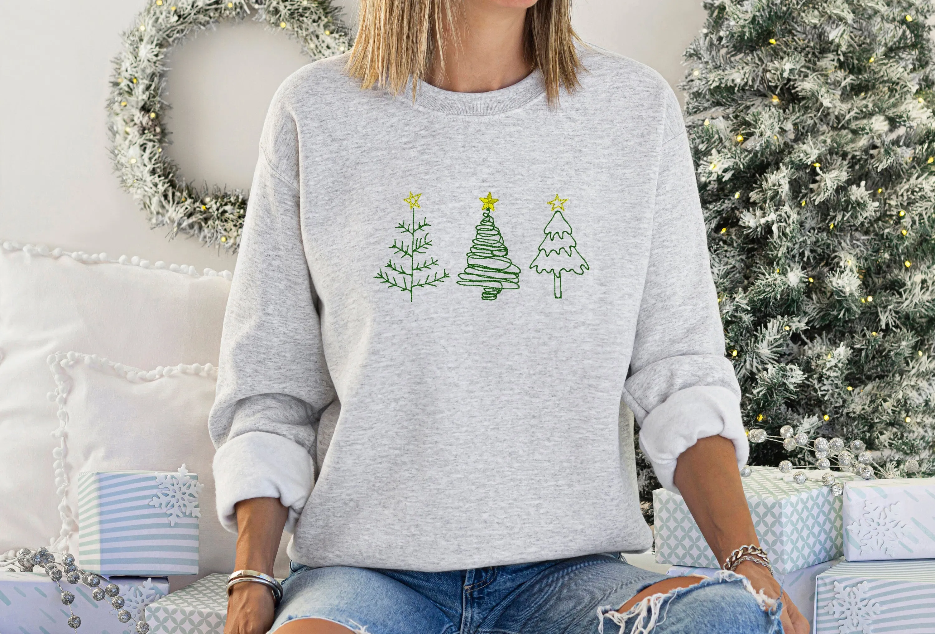 Embroidered Three Tree Christmas Morning Sweatshirt