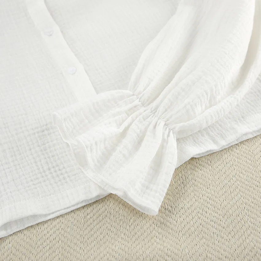 Fall White Pure Cotton Long Sleeve Pajamas Two Piece Set