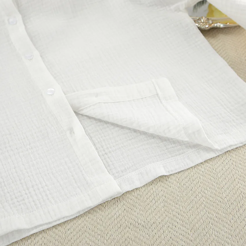 Fall White Pure Cotton Long Sleeve Pajamas Two Piece Set