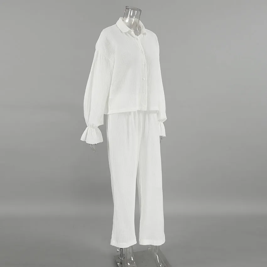 Fall White Pure Cotton Long Sleeve Pajamas Two Piece Set