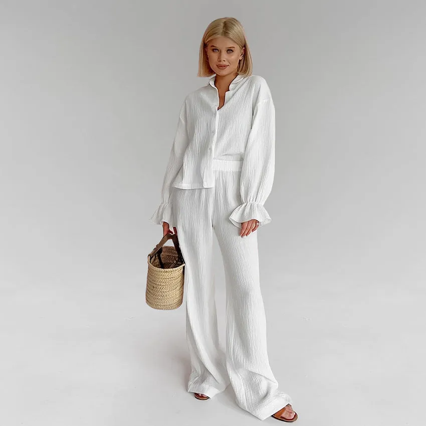 Fall White Pure Cotton Long Sleeve Pajamas Two Piece Set