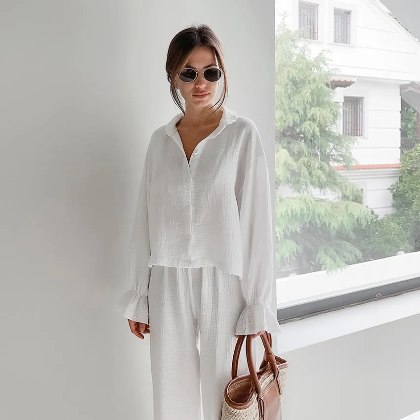 Fall White Pure Cotton Long Sleeve Pajamas Two Piece Set