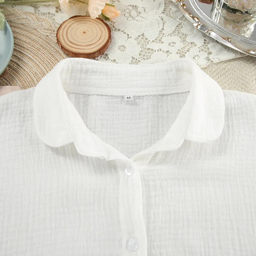Fall White Pure Cotton Long Sleeve Pajamas Two Piece Set