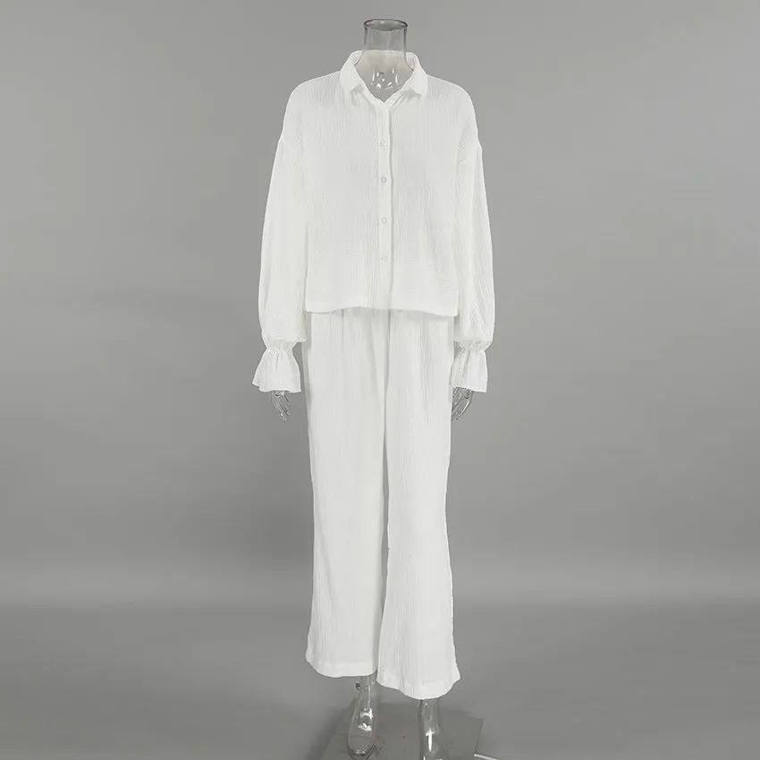 Fall White Pure Cotton Long Sleeve Pajamas Two Piece Set