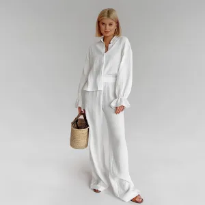 Fall White Pure Cotton Long Sleeve Pajamas Two Piece Set