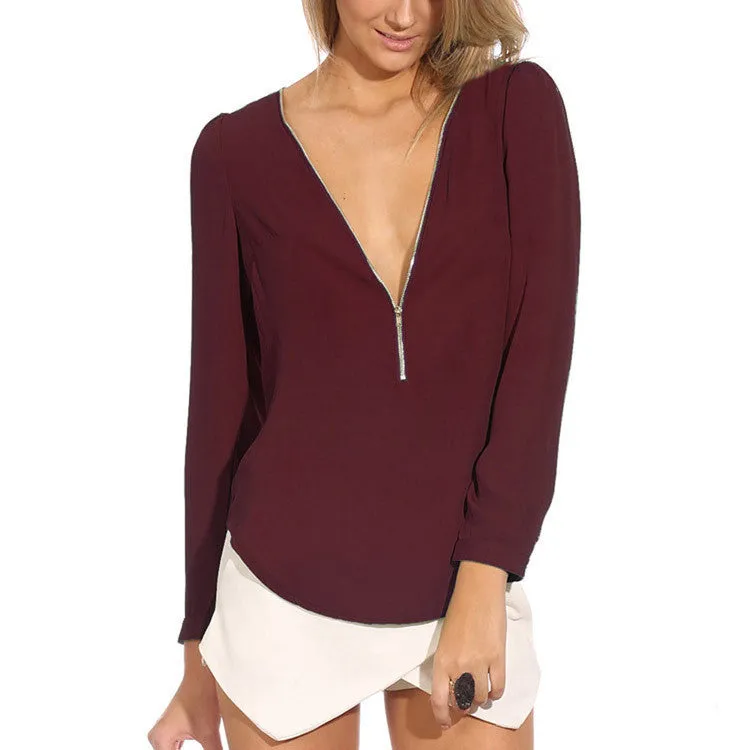 Fashion Autumn V Neck Long Sleeve Zipper Sexy Chiffon Blouses Women work wear Blusas Femininas Tops 6 Color WF-9175