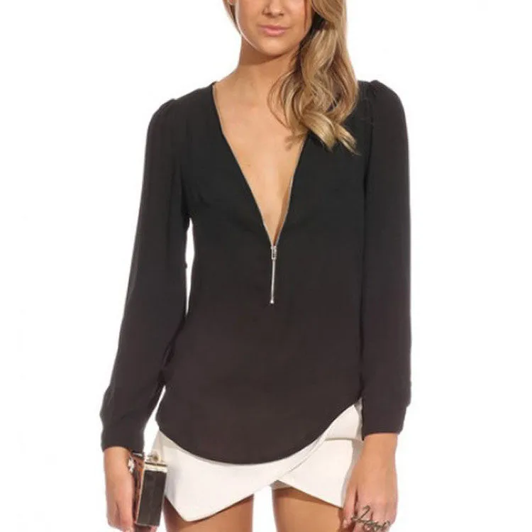 Fashion Autumn V Neck Long Sleeve Zipper Sexy Chiffon Blouses Women work wear Blusas Femininas Tops 6 Color WF-9175