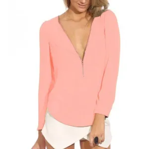 Fashion Autumn V Neck Long Sleeve Zipper Sexy Chiffon Blouses Women work wear Blusas Femininas Tops 6 Color WF-9175