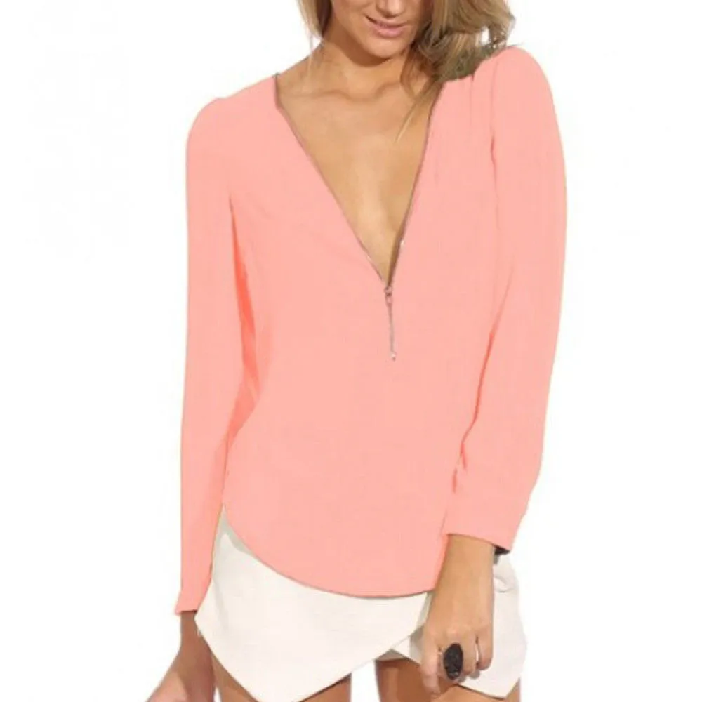 Fashion Autumn V Neck Long Sleeve Zipper Sexy Chiffon Blouses Women work wear Blusas Femininas Tops 6 Color WF-9175