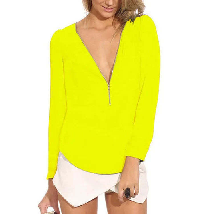 Fashion Autumn V Neck Long Sleeve Zipper Sexy Chiffon Blouses Women work wear Blusas Femininas Tops 6 Color WF-9175