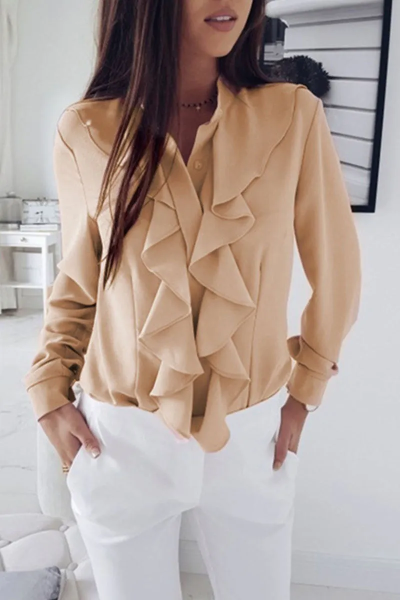 Fashion Solid Flounce V Neck Blouses (4 Colors)