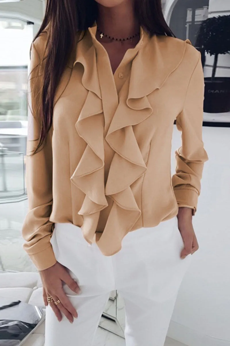 Fashion Solid Flounce V Neck Blouses (4 Colors)