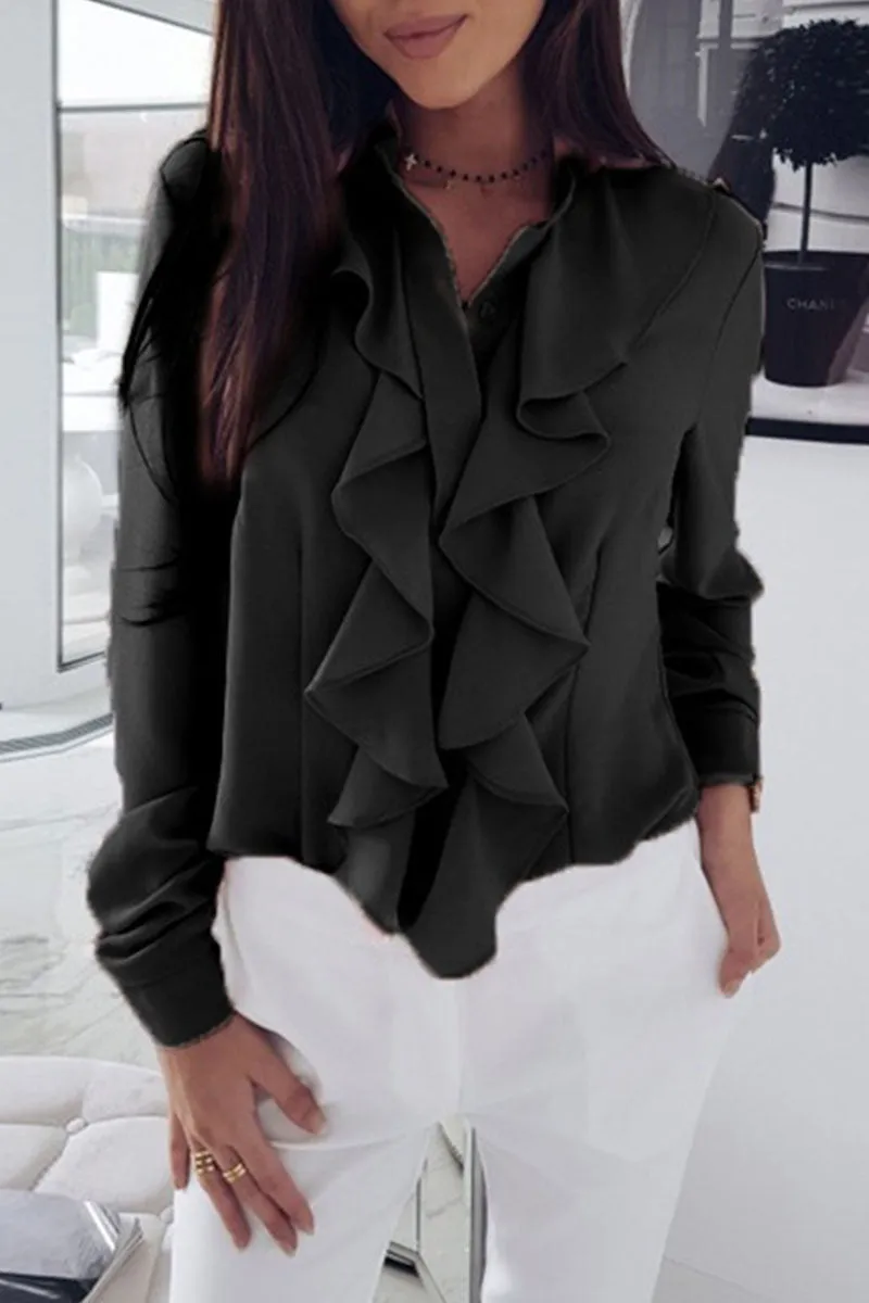 Fashion Solid Flounce V Neck Blouses (4 Colors)