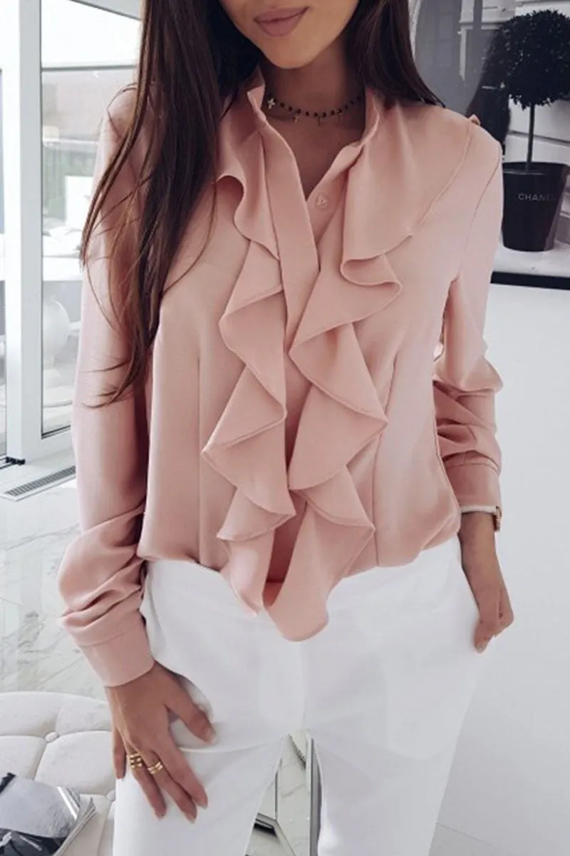 Fashion Solid Flounce V Neck Blouses (4 Colors)