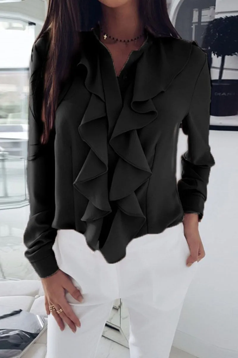 Fashion Solid Flounce V Neck Blouses (4 Colors)