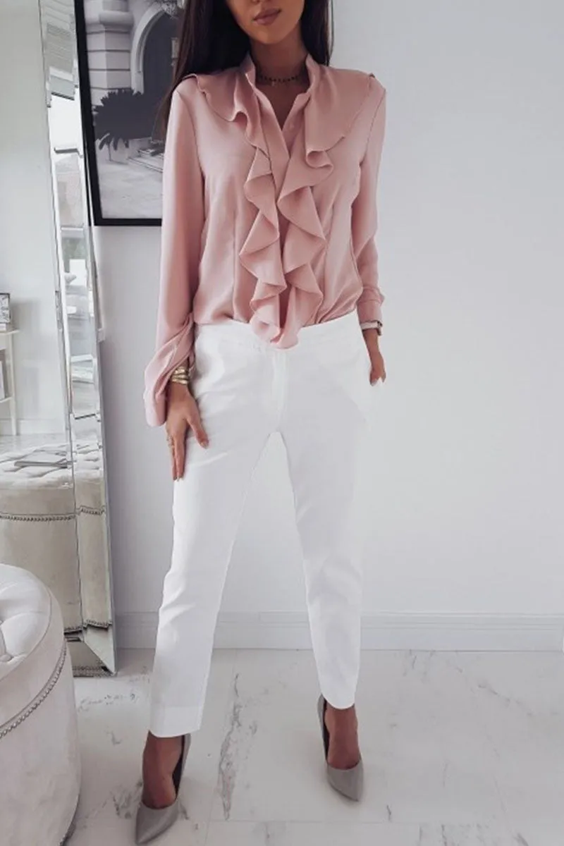 Fashion Solid Flounce V Neck Blouses (4 Colors)