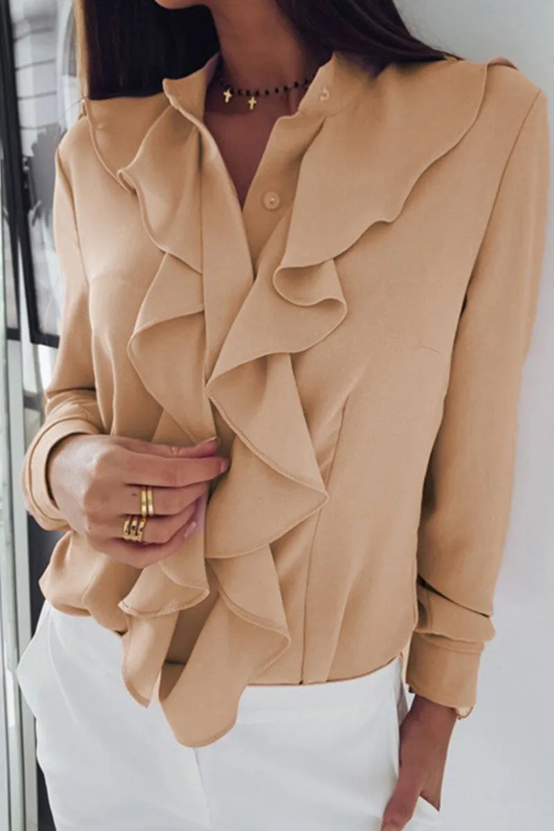 Fashion Solid Flounce V Neck Blouses (4 Colors)