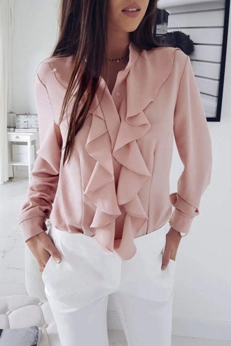Fashion Solid Flounce V Neck Blouses (4 Colors)