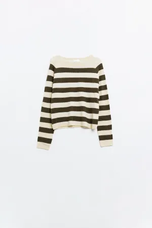 Fine knit sweater in beige with brown stripes