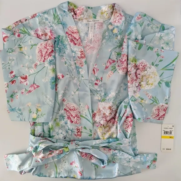 Flora Nikrooz Bonnie Floral Short Satin Robe, M/L NWT