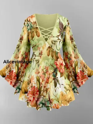 Floral Art Print V-Neck Long Sleeve Top